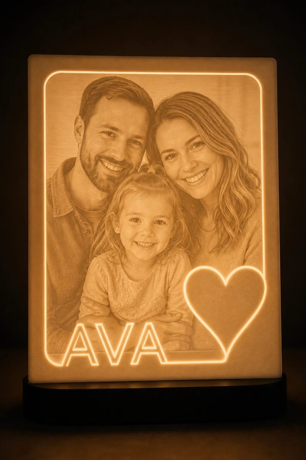 Lighting concept for a family-photo plaque with an outlined name and heart border