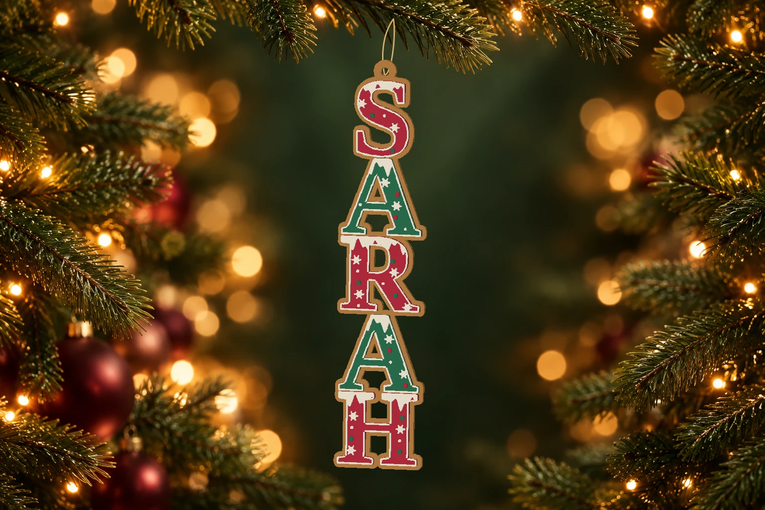 Rendered layered SARAH gingerbread name ornament hanging on a Christmas tree