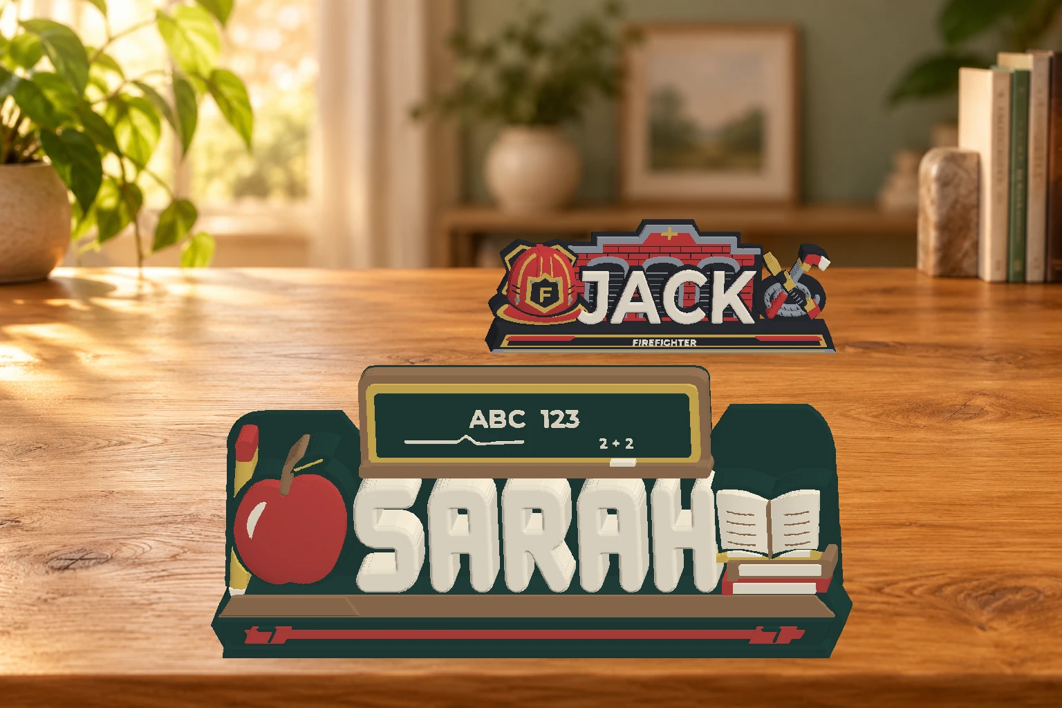 Rendered SARAH teacher and JACK firefighter nameplates on a wooden desk