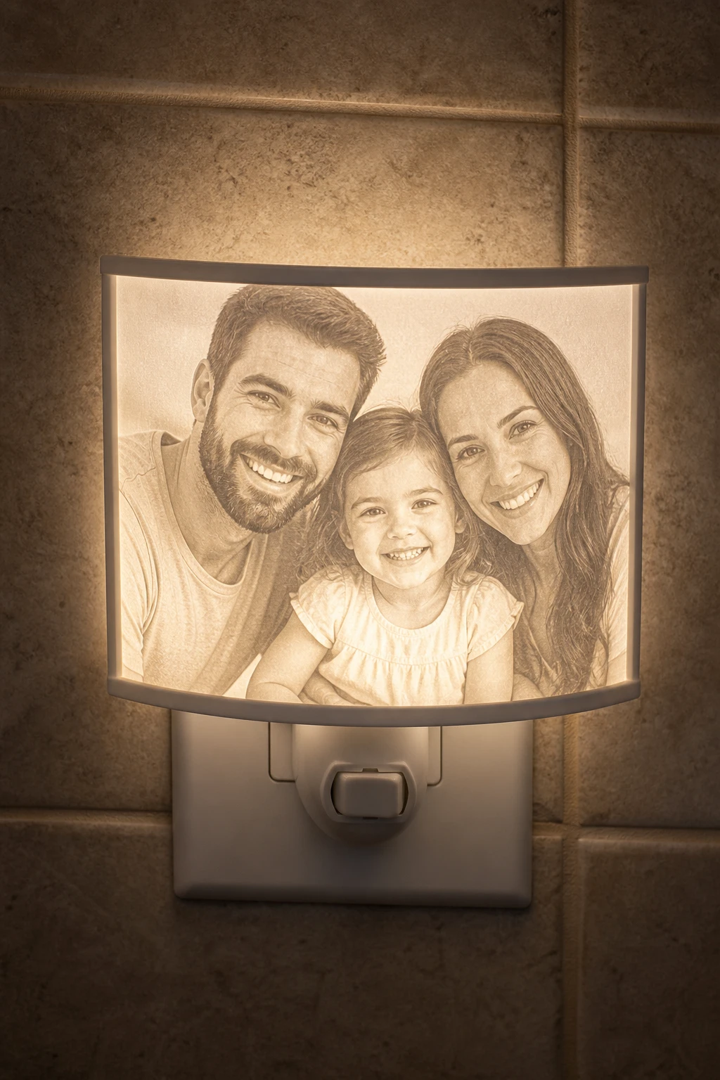 Curved family-photo lithophane night light on a wall